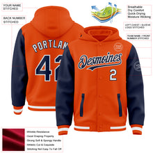 Load image into Gallery viewer, Custom Orange Navy-White Bomber Full-Snap Varsity Letterman Two Tone Hoodie Jacket