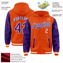 Load image into Gallery viewer, Custom Orange Purple-White Bomber Full-Snap Varsity Letterman Two Tone Hoodie Jacket