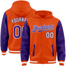 Load image into Gallery viewer, Custom Orange Purple-White Bomber Full-Snap Varsity Letterman Two Tone Hoodie Jacket