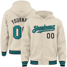 Load image into Gallery viewer, Custom Cream Teal-Black Bomber Full-Snap Varsity Letterman Hoodie Jacket