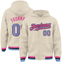 Load image into Gallery viewer, Custom Cream Light Blue Black-Pink Bomber Full-Snap Varsity Letterman Hoodie Jacket