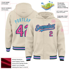 Load image into Gallery viewer, Custom Cream Pink Black-Sky Blue Bomber Full-Snap Varsity Letterman Hoodie Jacket