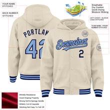 Load image into Gallery viewer, Custom Cream Light Blue-Navy Bomber Full-Snap Varsity Letterman Hoodie Jacket
