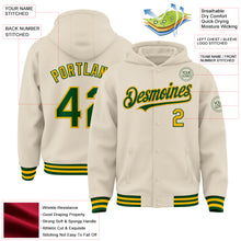 Load image into Gallery viewer, Custom Cream Green-Gold Bomber Full-Snap Varsity Letterman Hoodie Jacket