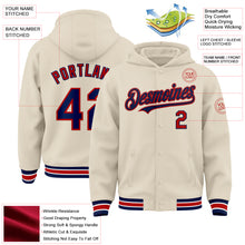 Load image into Gallery viewer, Custom Cream Navy Red-White Bomber Full-Snap Varsity Letterman Hoodie Jacket
