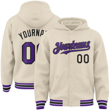 Load image into Gallery viewer, Custom Cream Purple Black-White Bomber Full-Snap Varsity Letterman Hoodie Jacket