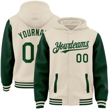 Load image into Gallery viewer, Custom Cream Green Bomber Full-Snap Varsity Letterman Two Tone Hoodie Jacket