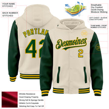Load image into Gallery viewer, Custom Cream Green-Gold Bomber Full-Snap Varsity Letterman Two Tone Hoodie Jacket