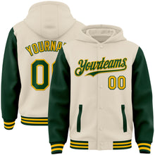 Load image into Gallery viewer, Custom Cream Green-Gold Bomber Full-Snap Varsity Letterman Two Tone Hoodie Jacket
