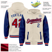 Load image into Gallery viewer, Custom Cream Red Royal-White Bomber Full-Snap Varsity Letterman Two Tone Hoodie Jacket