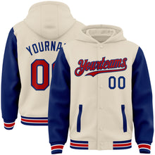 Load image into Gallery viewer, Custom Cream Red Royal-White Bomber Full-Snap Varsity Letterman Two Tone Hoodie Jacket