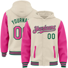 Load image into Gallery viewer, Custom Cream Pink-Kelly Green Bomber Full-Snap Varsity Letterman Two Tone Hoodie Jacket