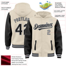 Load image into Gallery viewer, Custom Cream Black-Gray Bomber Full-Snap Varsity Letterman Two Tone Hoodie Jacket