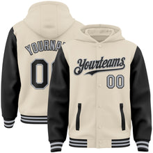 Load image into Gallery viewer, Custom Cream Black-Gray Bomber Full-Snap Varsity Letterman Two Tone Hoodie Jacket