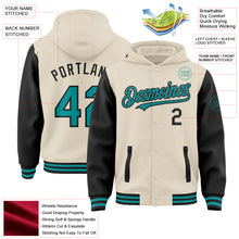 Load image into Gallery viewer, Custom Cream Teal-Black Bomber Full-Snap Varsity Letterman Two Tone Hoodie Jacket
