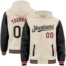 Load image into Gallery viewer, Custom Cream Black Crimson-City Cream Bomber Full-Snap Varsity Letterman Two Tone Hoodie Jacket