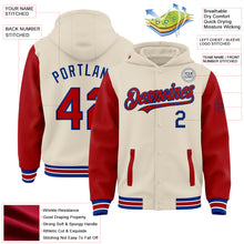 Load image into Gallery viewer, Custom Cream Red Royal-White Bomber Full-Snap Varsity Letterman Two Tone Hoodie Jacket