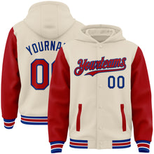 Load image into Gallery viewer, Custom Cream Red Royal-White Bomber Full-Snap Varsity Letterman Two Tone Hoodie Jacket