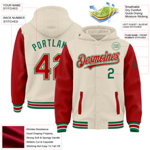 Load image into Gallery viewer, Custom Cream Red Kelly Green-White Bomber Full-Snap Varsity Letterman Two Tone Hoodie Jacket
