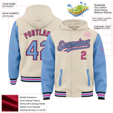 Load image into Gallery viewer, Custom Cream Light Blue Black-Pink Bomber Full-Snap Varsity Letterman Two Tone Hoodie Jacket