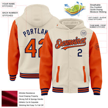Load image into Gallery viewer, Custom Cream Orange-Navy Bomber Full-Snap Varsity Letterman Two Tone Hoodie Jacket