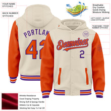 Load image into Gallery viewer, Custom Cream Orange Purple-White Bomber Full-Snap Varsity Letterman Two Tone Hoodie Jacket