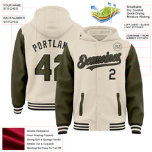Load image into Gallery viewer, Custom Cream Olive-Black Bomber Full-Snap Varsity Letterman Two Tone Hoodie Jacket