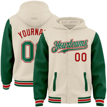 Load image into Gallery viewer, Custom Cream Kelly Green Red-White Bomber Full-Snap Varsity Letterman Two Tone Hoodie Jacket