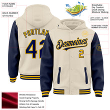 Load image into Gallery viewer, Custom Cream Navy-Gold Bomber Full-Snap Varsity Letterman Two Tone Hoodie Jacket