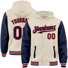 Load image into Gallery viewer, Custom Cream Navy Red-White Bomber Full-Snap Varsity Letterman Two Tone Hoodie Jacket