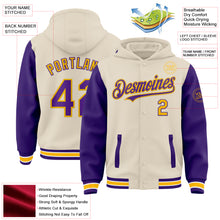Load image into Gallery viewer, Custom Cream Purple Gold-White Bomber Full-Snap Varsity Letterman Two Tone Hoodie Jacket
