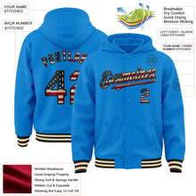 Load image into Gallery viewer, Custom Powder Blue Vintage USA Flag Black-Cream Bomber Full-Snap Varsity Letterman Hoodie Jacket