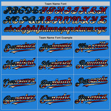 Load image into Gallery viewer, Custom Powder Blue Vintage USA Flag Black-Cream Bomber Full-Snap Varsity Letterman Hoodie Jacket