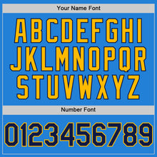 Load image into Gallery viewer, Custom Powder Blue Navy-Gold Bomber Full-Snap Varsity Letterman Hoodie Jacket