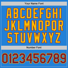 Load image into Gallery viewer, Custom Powder Blue Crimson-Gold Bomber Full-Snap Varsity Letterman Hoodie Jacket