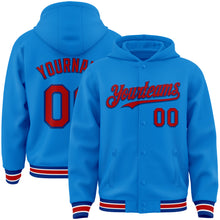 Load image into Gallery viewer, Custom Powder Blue Red-Royal Bomber Full-Snap Varsity Letterman Hoodie Jacket