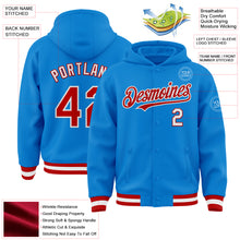 Load image into Gallery viewer, Custom Powder Blue Red-White Bomber Full-Snap Varsity Letterman Hoodie Jacket