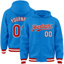 Load image into Gallery viewer, Custom Powder Blue Red-White Bomber Full-Snap Varsity Letterman Hoodie Jacket