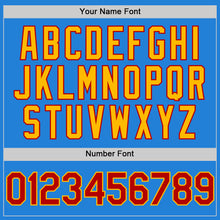 Load image into Gallery viewer, Custom Powder Blue Red-Gold Bomber Full-Snap Varsity Letterman Hoodie Jacket