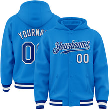 Load image into Gallery viewer, Custom Powder Blue Royal-White Bomber Full-Snap Varsity Letterman Hoodie Jacket