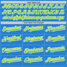 Load image into Gallery viewer, Custom Powder Blue Neon Green-White Bomber Full-Snap Varsity Letterman Hoodie Jacket