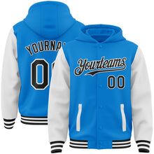 Load image into Gallery viewer, Custom Powder Blue Black-White Bomber Full-Snap Varsity Letterman Two Tone Hoodie Jacket