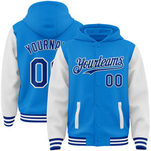 Load image into Gallery viewer, Custom Powder Blue Royal-White Bomber Full-Snap Varsity Letterman Two Tone Hoodie Jacket