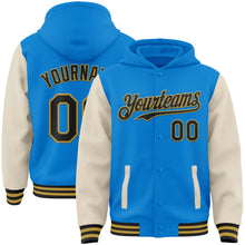 Load image into Gallery viewer, Custom Powder Blue Black Cream-Old Gold Bomber Full-Snap Varsity Letterman Two Tone Hoodie Jacket