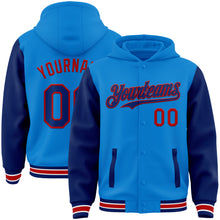 Load image into Gallery viewer, Custom Powder Blue Royal-Red Bomber Full-Snap Varsity Letterman Two Tone Hoodie Jacket