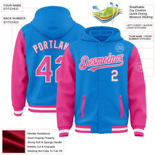 Load image into Gallery viewer, Custom Powder Blue Pink-White Bomber Full-Snap Varsity Letterman Two Tone Hoodie Jacket