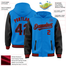 Load image into Gallery viewer, Custom Powder Blue Black-Red Bomber Full-Snap Varsity Letterman Two Tone Hoodie Jacket