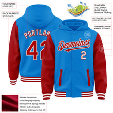 Load image into Gallery viewer, Custom Powder Blue Red-White Bomber Full-Snap Varsity Letterman Two Tone Hoodie Jacket