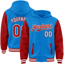 Load image into Gallery viewer, Custom Powder Blue Red-White Bomber Full-Snap Varsity Letterman Two Tone Hoodie Jacket