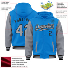 Load image into Gallery viewer, Custom Powder Blue Gray-Black Bomber Full-Snap Varsity Letterman Two Tone Hoodie Jacket